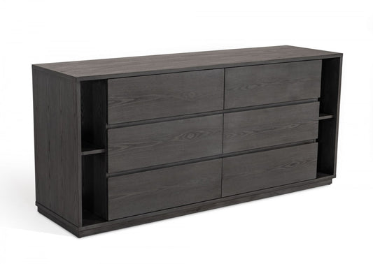 Commode double à six tiroirs en bois massif gris de 63 po