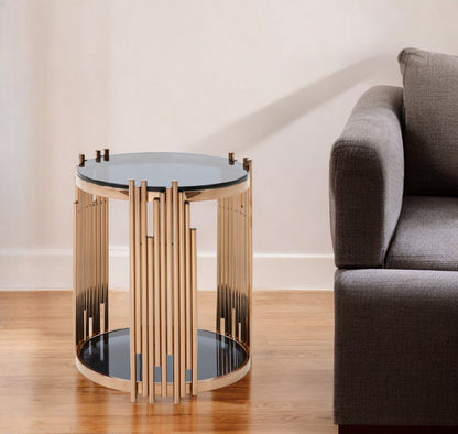 Table d'appoint ronde en verre rose et noir et acier inoxydable de 20 po avec étagère