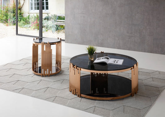 Table d'appoint ronde en verre rose et noir et acier inoxydable de 20 po avec étagère