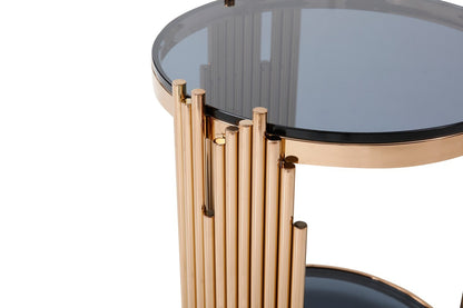 Table d'appoint ronde en verre rose et noir et acier inoxydable de 20 po avec étagère