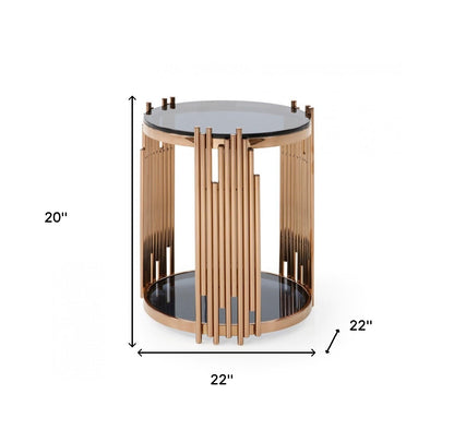 Table d'appoint ronde en verre rose et noir et acier inoxydable de 20 po avec étagère