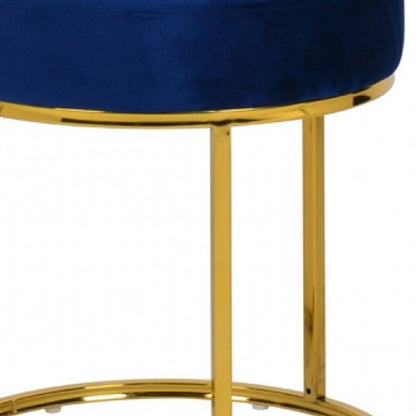 16" Blue Velvet And Gold Round Footstool Ottoman