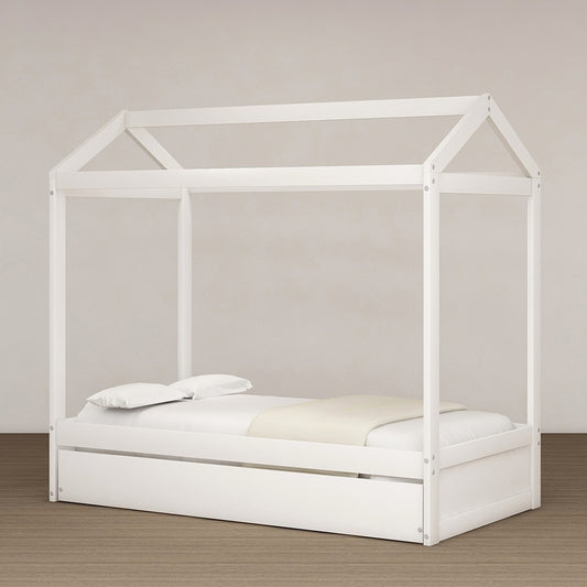 White Wood Twin Canopy Bed Frame with Trundle