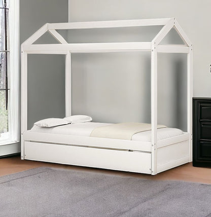 White Wood Twin Canopy Bed Frame with Trundle