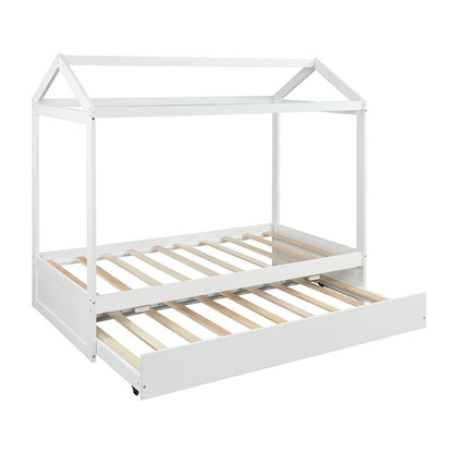 White Wood Twin Canopy Bed Frame with Trundle