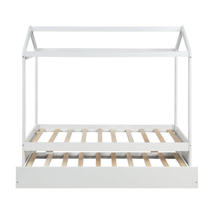 White Wood Twin Canopy Bed Frame with Trundle