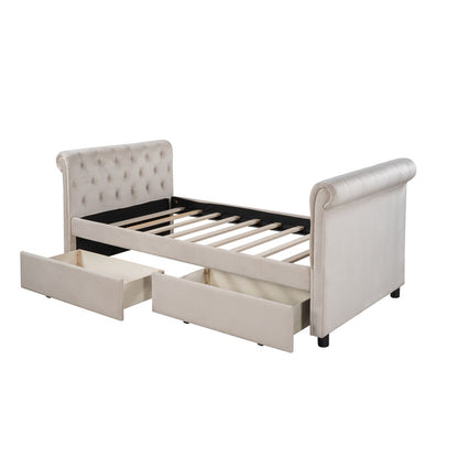 Twin Tufted Beige Upholstered Polyester Blend Bed