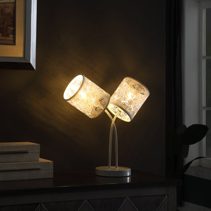 Lampe de chevet à deux lumières en métal gris clair de 17 po avec abat-jour tambour abstrait gris clair