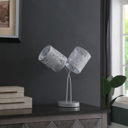 Lampe de chevet à deux lumières en métal gris clair de 17 po avec abat-jour tambour abstrait gris clair