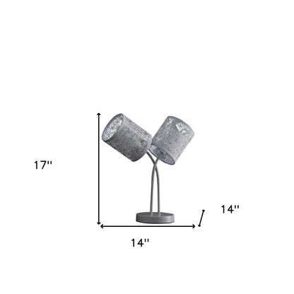 Lampe de chevet à deux lumières en métal gris clair de 17 po avec abat-jour tambour abstrait gris clair