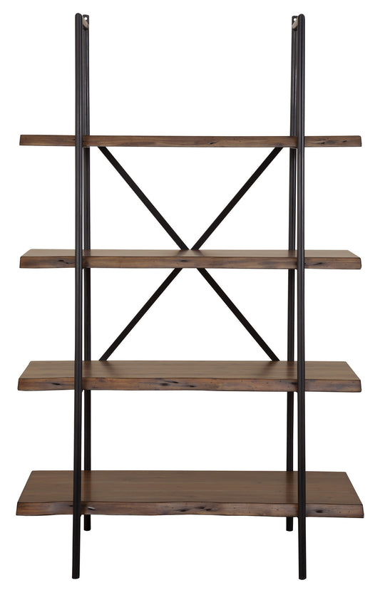 79" Brown and Black Acacia Live Edge Vertical Step Open Back Bookcase