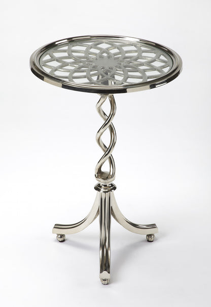 Table d'appoint ronde à plateau ouvert en treillis en aluminium argenté de 26 po