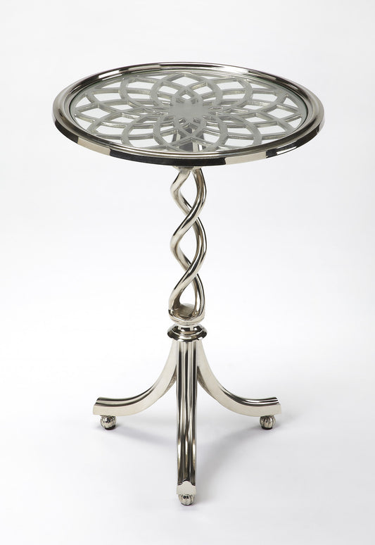 Table d'appoint ronde à plateau ouvert en treillis en aluminium argenté de 26 po