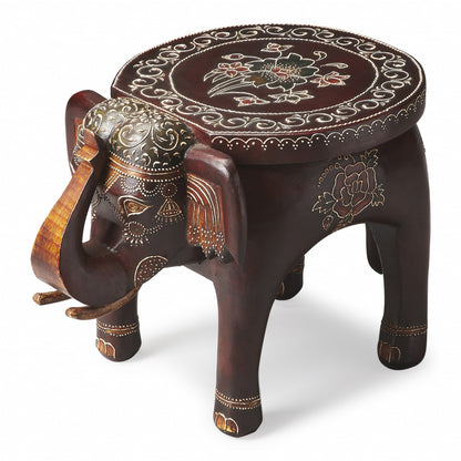 Table d'appoint éléphant florale 3D peinte à la main en brun chaud de 15 po