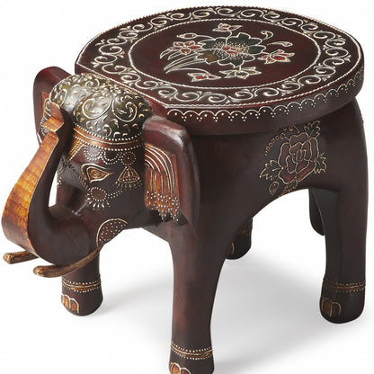 Table d'appoint éléphant florale 3D peinte à la main en brun chaud de 15 po