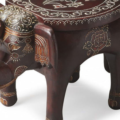 Table d'appoint éléphant florale 3D peinte à la main en brun chaud de 15 po