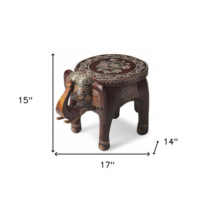 Table d'appoint éléphant florale 3D peinte à la main en brun chaud de 15 po