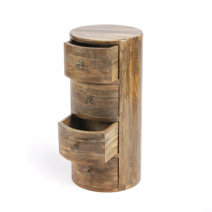 Table d'appoint ronde en bois brun clair de 24 po avec quatre tiroirs