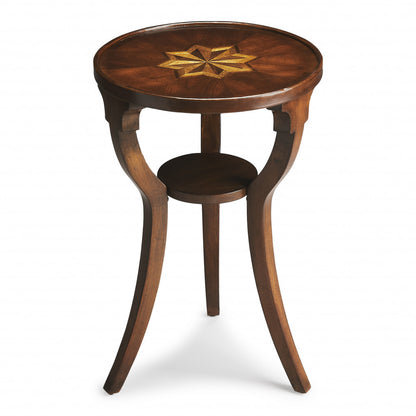 Table d'appoint ronde en bois brun et bois massif de 24 po avec étagère