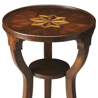 Table d'appoint ronde en bois brun et bois massif de 24 po avec étagère