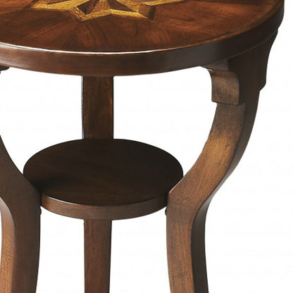 Table d'appoint ronde en bois brun et bois massif de 24 po avec étagère