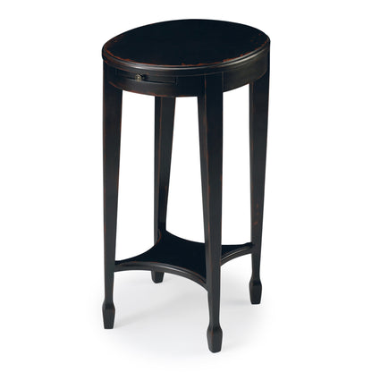 Table d'appoint ovale rustique en bois noir manufacturé de 26 po avec étagère