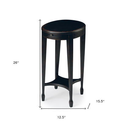 Table d'appoint ovale rustique en bois noir manufacturé de 26 po avec étagère