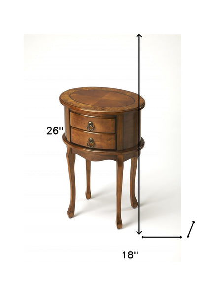 Table d'appoint ovale en bois de frêne brun moyen et olive de 26 po avec deux tiroirs