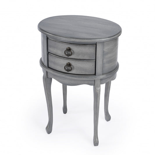 Table d'appoint ovale en bois manufacturé gris et gris de 26 po avec deux tiroirs