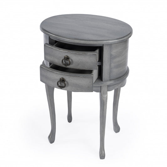 Table d'appoint ovale en bois manufacturé gris et gris de 26 po avec deux tiroirs