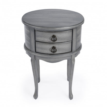 Table d'appoint ovale en bois manufacturé gris et gris de 26 po avec deux tiroirs