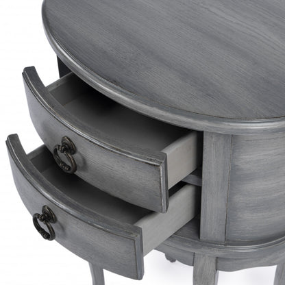 Table d'appoint ovale en bois manufacturé gris et gris de 26 po avec deux tiroirs