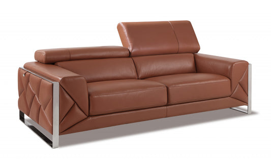 89" Camel Italian Leather Sofa With Silver Legs