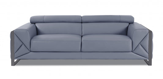 89" Light Blue Italian Leather Sofa With Chrome Legs