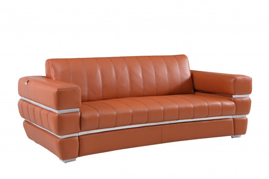 89" Camel Italian Leather Sofa With Silver Legs