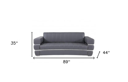 89" Dark Gray Italian Leather Sofa With Silver Legs