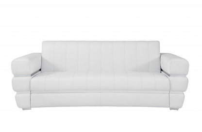 89" White Italian Leather Sofa With Silver Legs