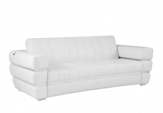 89" White Italian Leather Sofa With Silver Legs