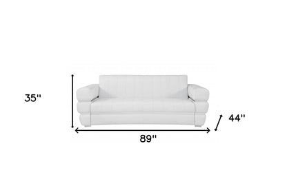 89" White Italian Leather Sofa With Silver Legs