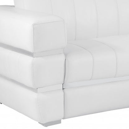 89" White Italian Leather Sofa With Silver Legs