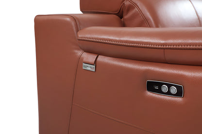 86" Camel Italian Leather USB Reclining Sofa With Silver Legs