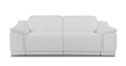 86" White Italian Leather USB Reclining Sofa With Silver Legs