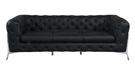 93" Black Italian Leather Chesterfield Sofa With Silver Legs