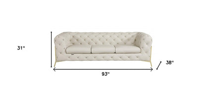 93" Beige Italian Leather Chesterfield Sofa With Silver Legs