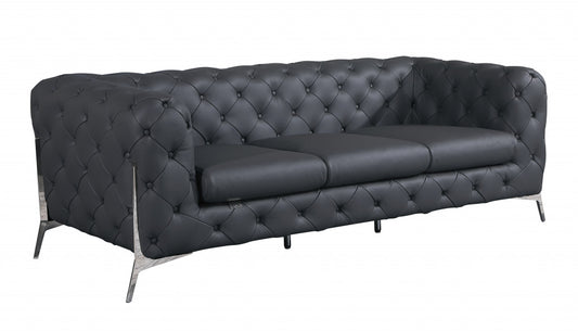 93" Dark Gray Italian Leather Chesterfield Sofa With Silver Legs