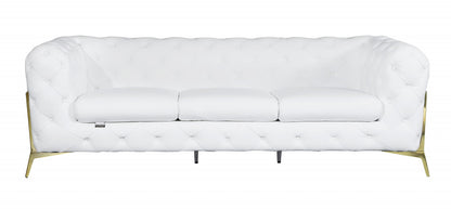 93" White Italian Leather Chesterfield Sofa With Silver Legs