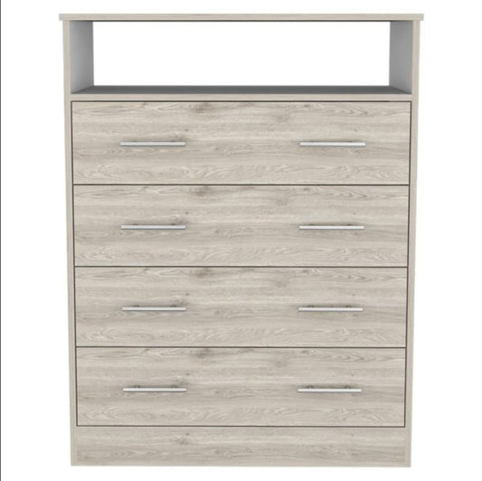 Commode à quatre tiroirs en bois manufacturé gris clair de 33 po