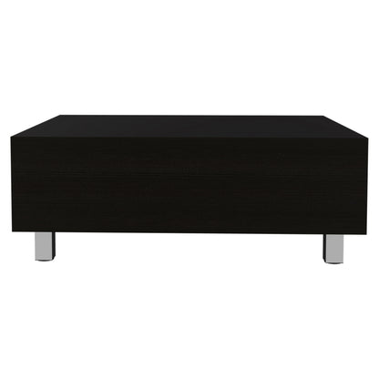 Table basse rectangulaire en bois noir manufacturé de 32 po avec plateau relevable et tiroir et étagère