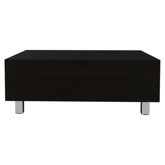 Table basse rectangulaire en bois noir manufacturé de 32 po avec plateau relevable et tiroir et étagère