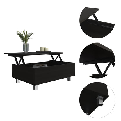 Table basse rectangulaire en bois noir manufacturé de 32 po avec plateau relevable et tiroir et étagère